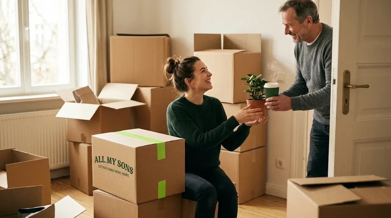 Candid lifestyle photography of a smiling young adult taking a break from unpacking in a sunlit new apartment, warmly greetin