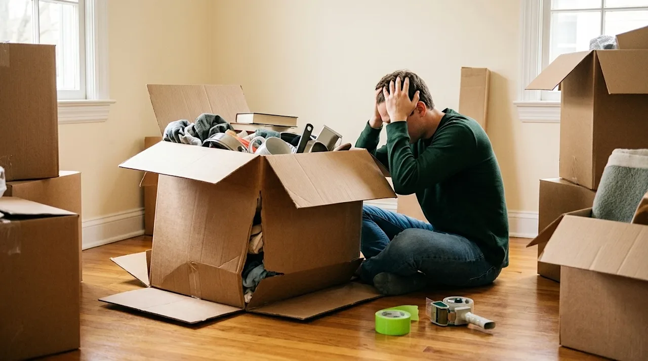 Candid lifestyle photography illustrating a moving mistake: A stressed person sitting on the floor of a warm, cream-colored r