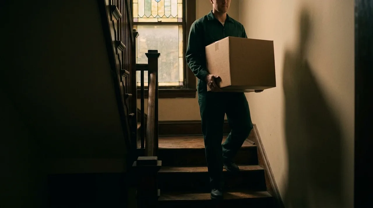 Vintage 35mm film photography of a professional mover in a dark forest green uniform carefully carrying a kraft brown moving