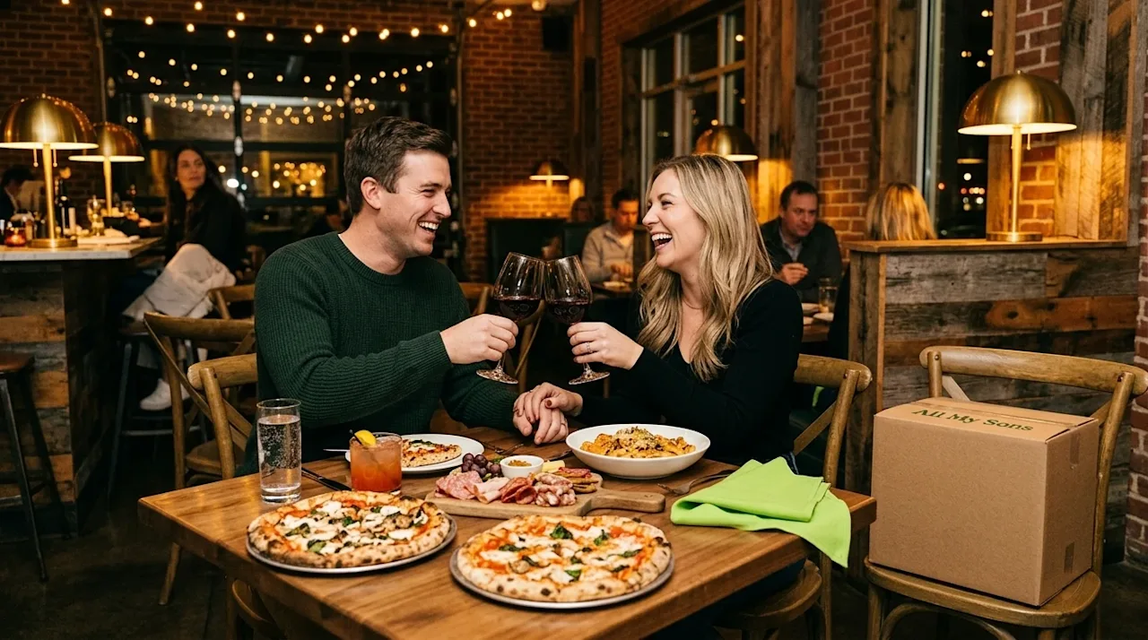 Candid, warm lifestyle photography of a happy couple enjoying a celebratory dinner at a cozy, trendy restaurant in South Char