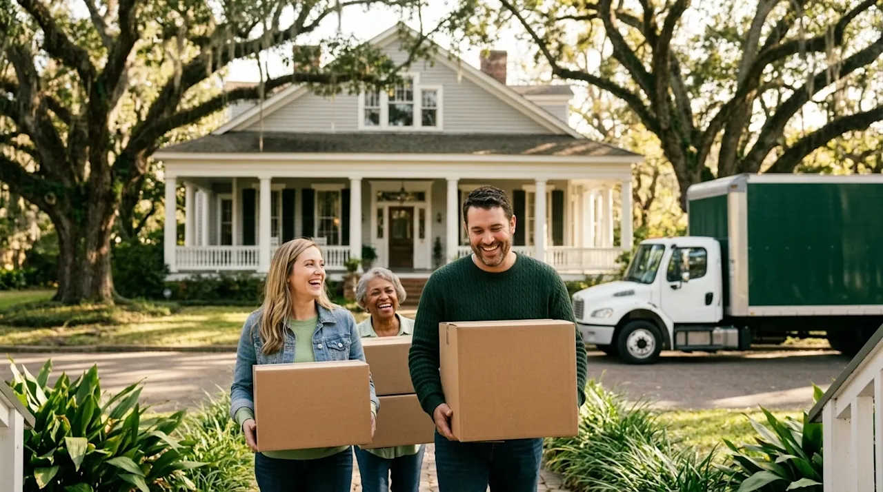 Candid documentary-style photography of a joyful family smiling brightly while carrying plain kraft brown cardboard moving bo