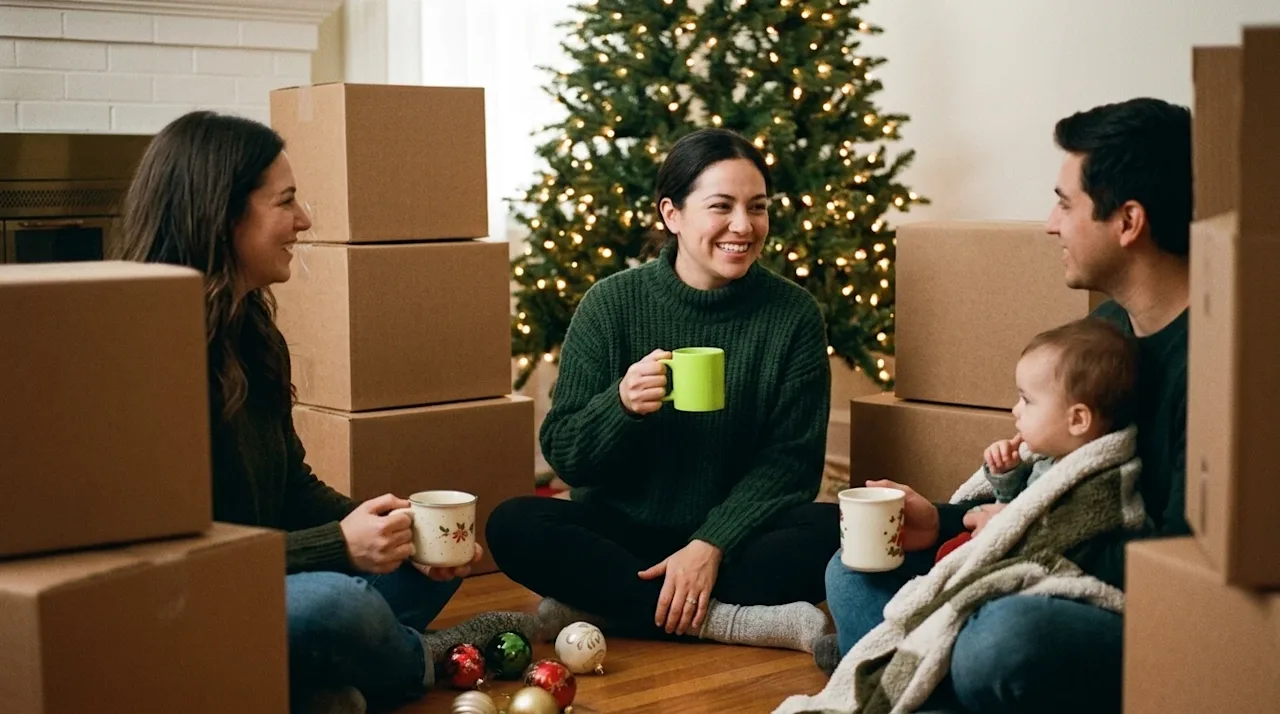 Candid lifestyle photography, 35mm film aesthetic, a heartwarming scene of a family taking a break from packing to enjoy the