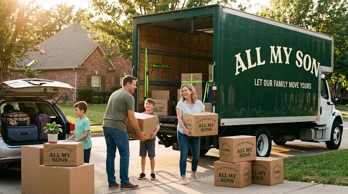 A candid, warm lifestyle photograph of a smiling family standing in a suburban driveway at golden hour, preparing for a long-