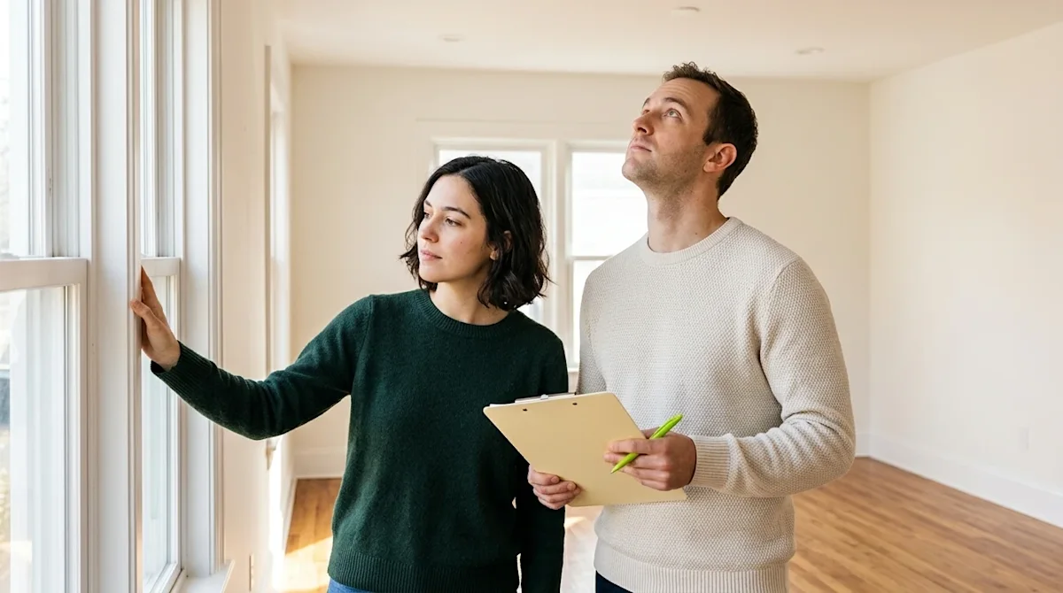 Clear and professional lifestyle marketing photography of a young couple carefully inspecting an empty, brightly lit living r