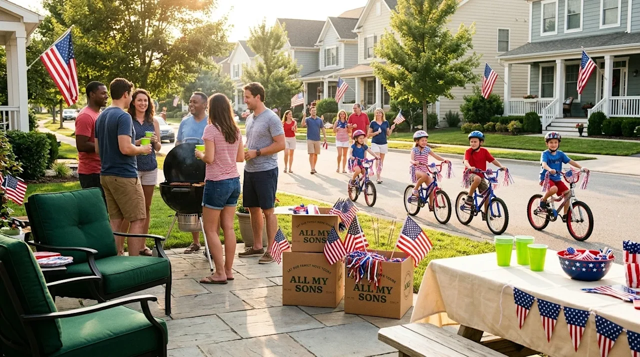 Professional lifestyle marketing photography capturing a vibrant Fourth of July neighborhood parade and backyard cookout in a