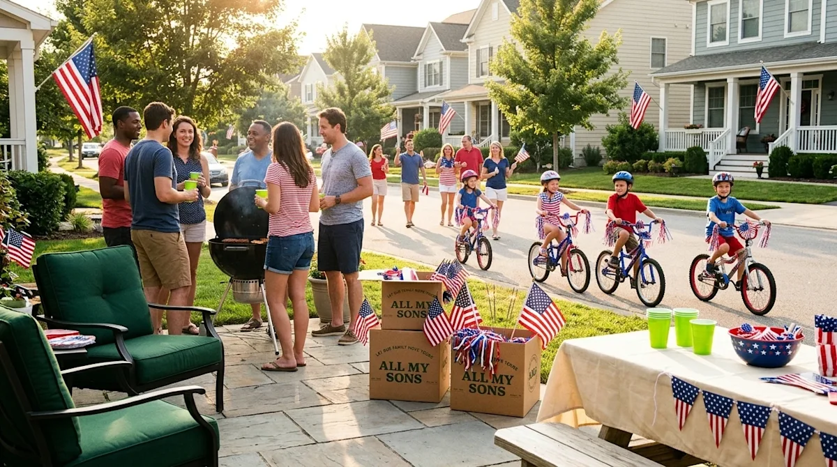 Professional lifestyle marketing photography capturing a vibrant Fourth of July neighborhood parade and backyard cookout in a