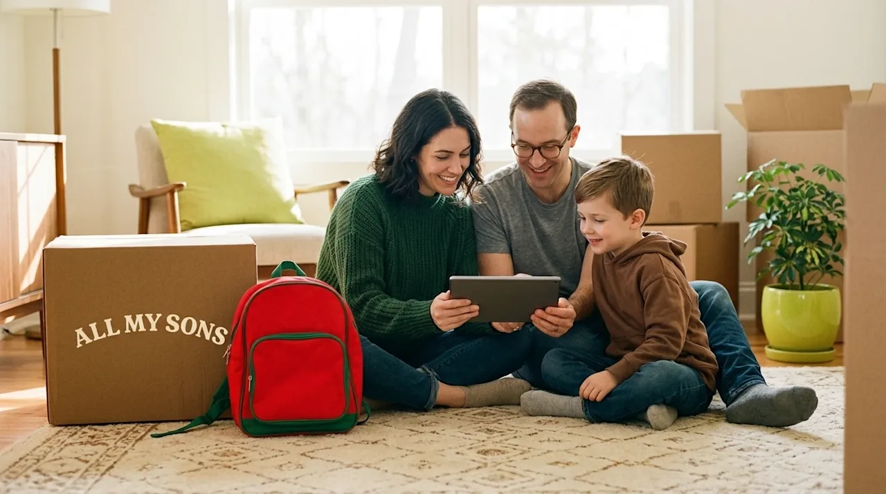 Clear, professional marketing lifestyle photography of a happy family taking a break from moving into their new home. A mothe