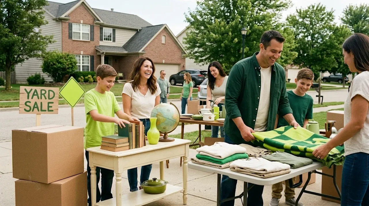 Candid lifestyle photography of a family hosting a vibrant yard sale in a sunny suburban driveway. They are organizing variou