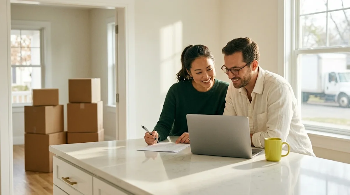 Clear, professional lifestyle marketing photography of a happy couple sitting together at a bright, clean kitchen island in t