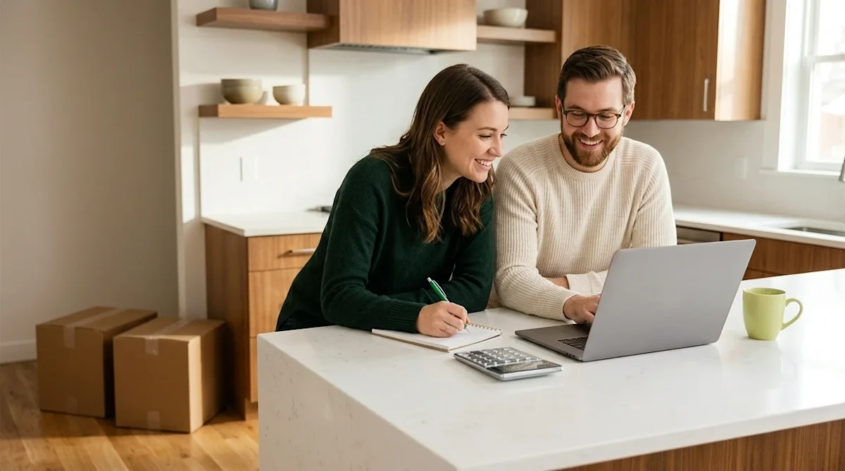 Clear, professional marketing photography of a smiling young couple sitting at a bright kitchen counter, happily planning the