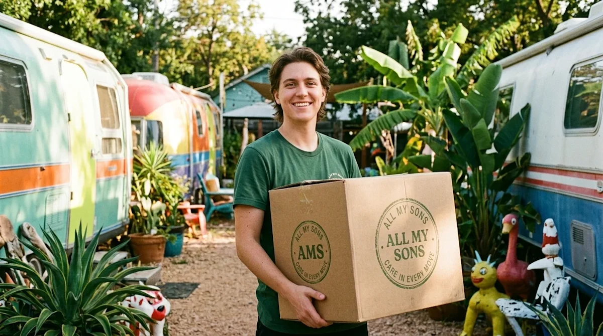 A candid 35mm film photograph capturing the quirky, vibrant essence of South Austin. A smiling young adult taking a break fro