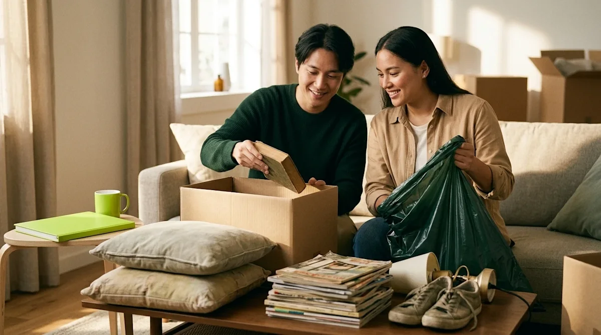 Clear, professional lifestyle marketing photography of a couple in a warmly lit living room, actively decluttering and sortin
