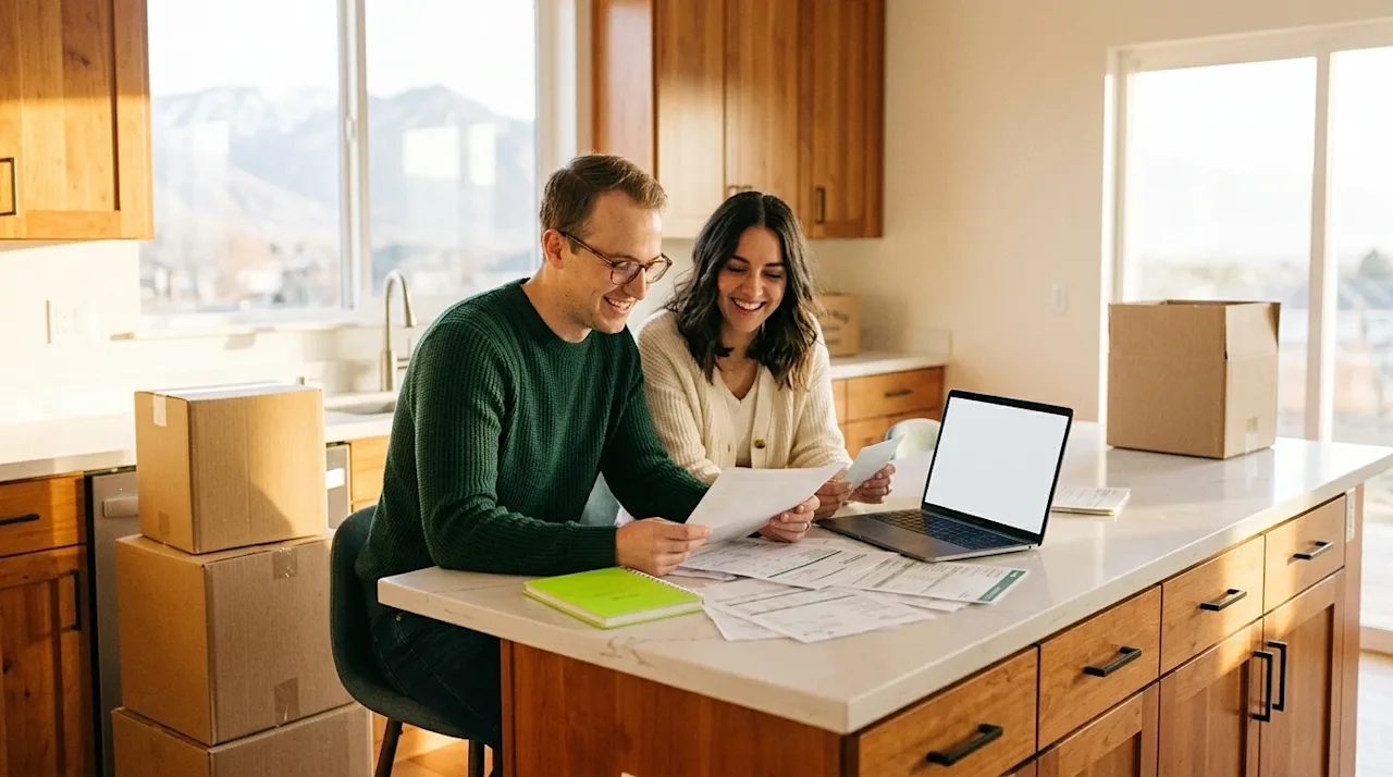 Candid, documentary-style lifestyle photography. A couple sitting at a warm wooden kitchen island in a brightly lit new home,