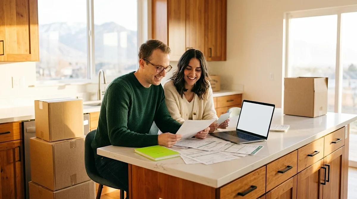 Candid, documentary-style lifestyle photography. A couple sitting at a warm wooden kitchen island in a brightly lit new home,