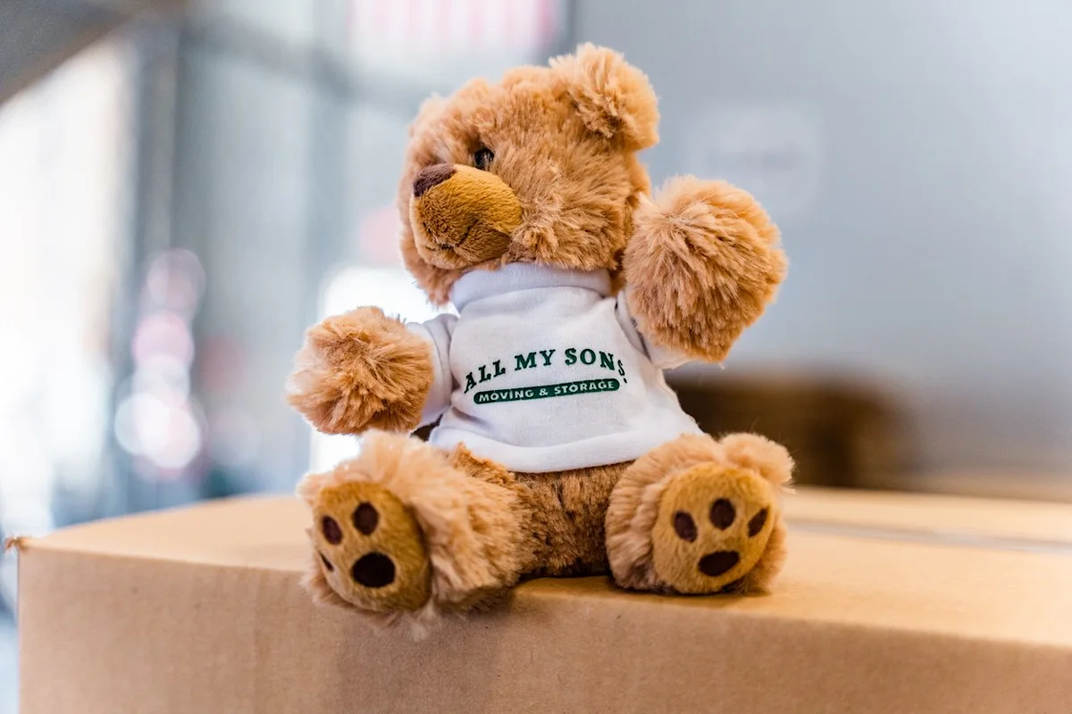 An All My Sons Moving and Storage branded teddy bear sits on a moving box, preparing for a family move.