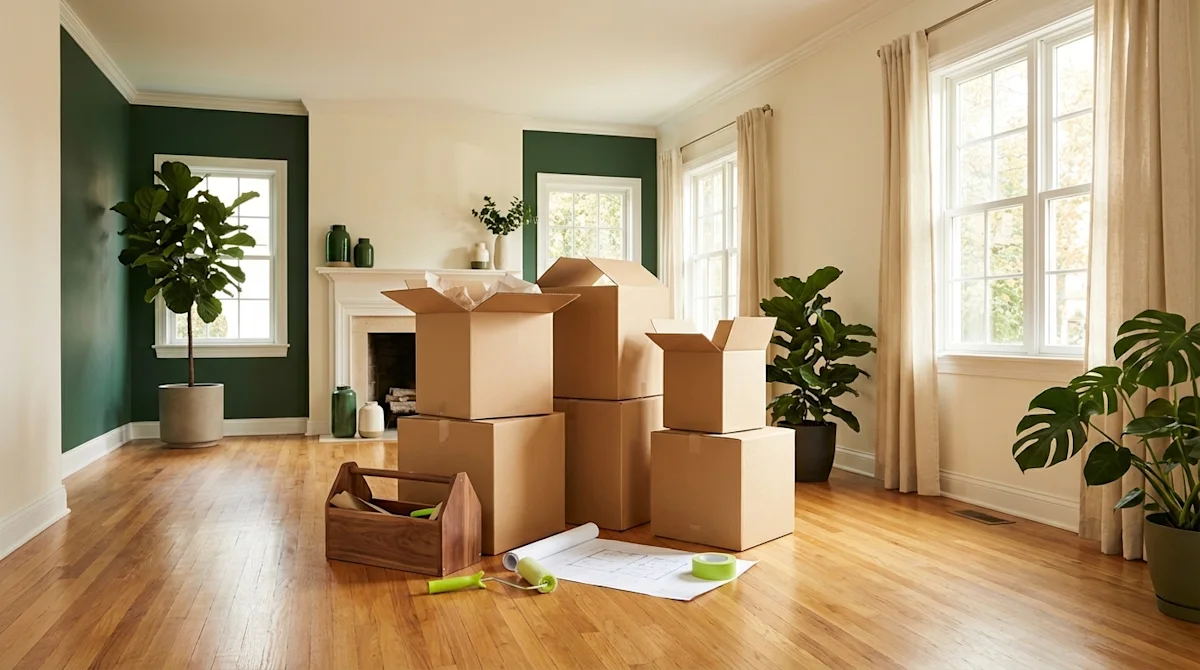 Moving boxes stacked in an empty room with wood floors and dark green accent walls. A toolbox and construction plans are on the floor.