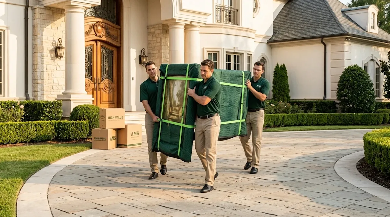 Clear, professional marketing photography of a discreet, high-end moving service operating at a luxurious, sprawling celebrit