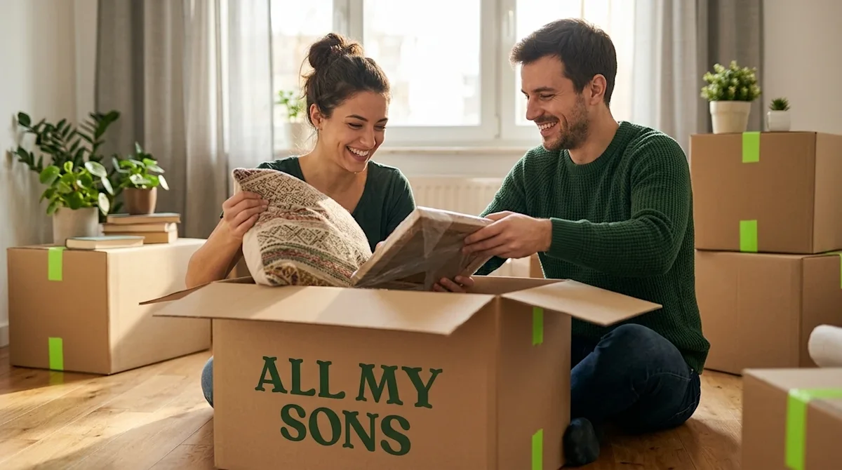 Authentic, candid lifestyle photography of a relaxed, happy couple unpacking in a bright, sunlit new home. They are pulling i