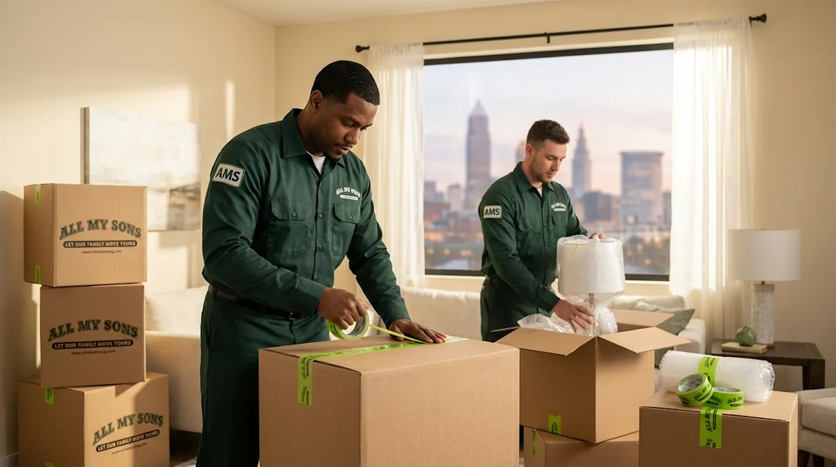 All My Sons movers packing boxes in a living room with the Cleveland skyline in the background.