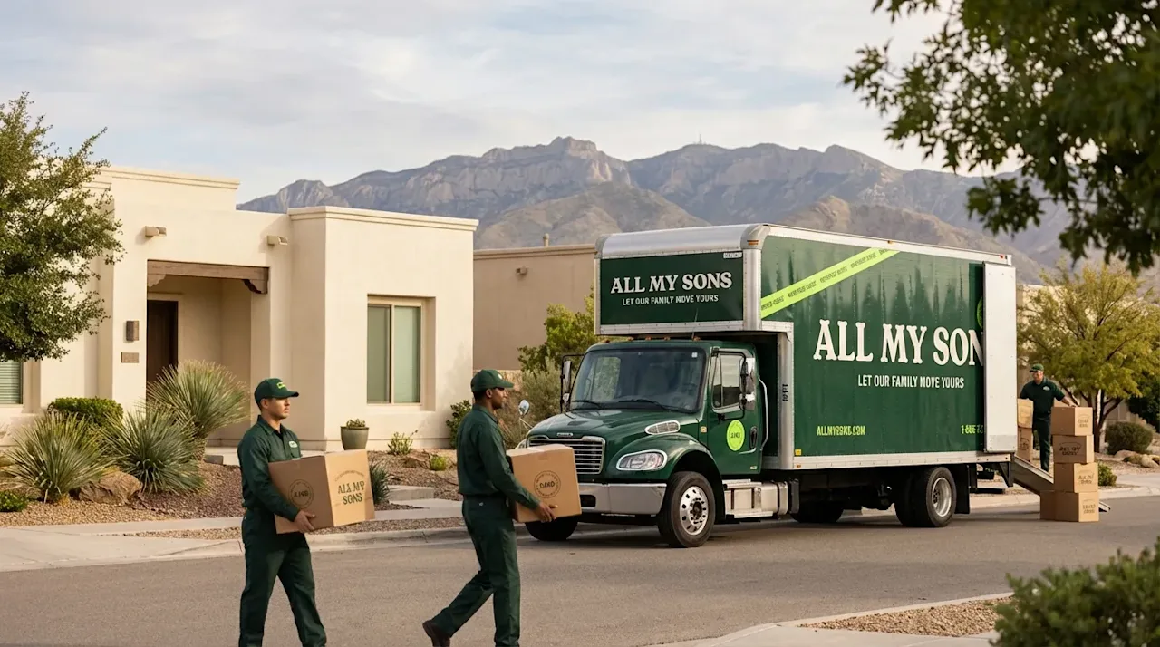 All My Sons movers unloading a green truck in an El Paso neighborhood with Franklin Mountains in the background.