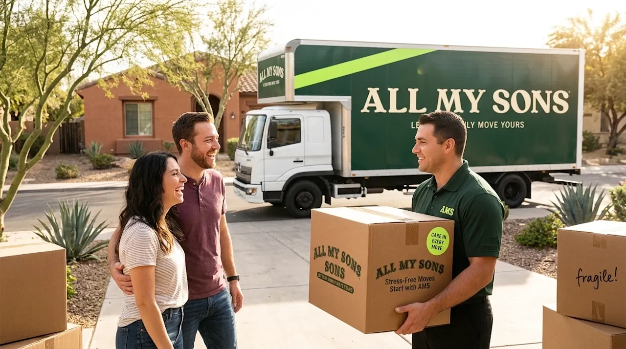 Commercial photography of a stress-free moving day in a warm, sunlit Mesa, Arizona residential neighborhood.