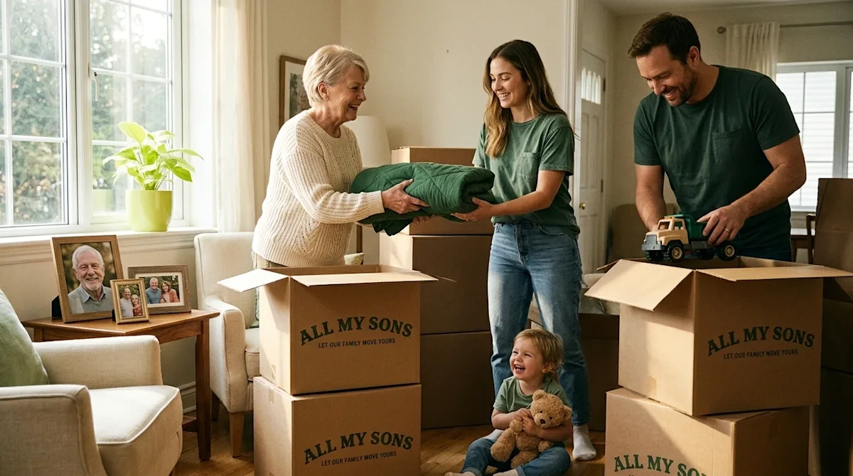 Candid lifestyle photography of a multi-generational family happily unpacking cardboard moving boxes together in a sunlit, co