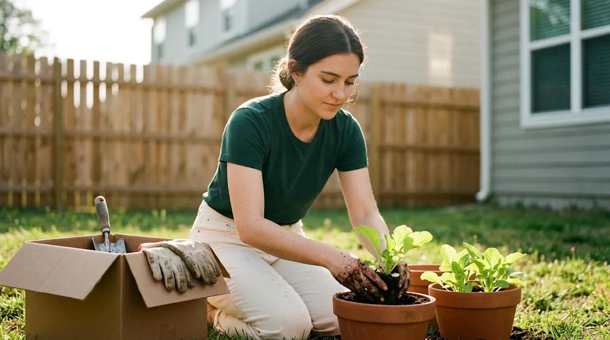 A candid, warm lifestyle photograph of a person setting up an organic garden in the backyard of a newly moved-into home. The