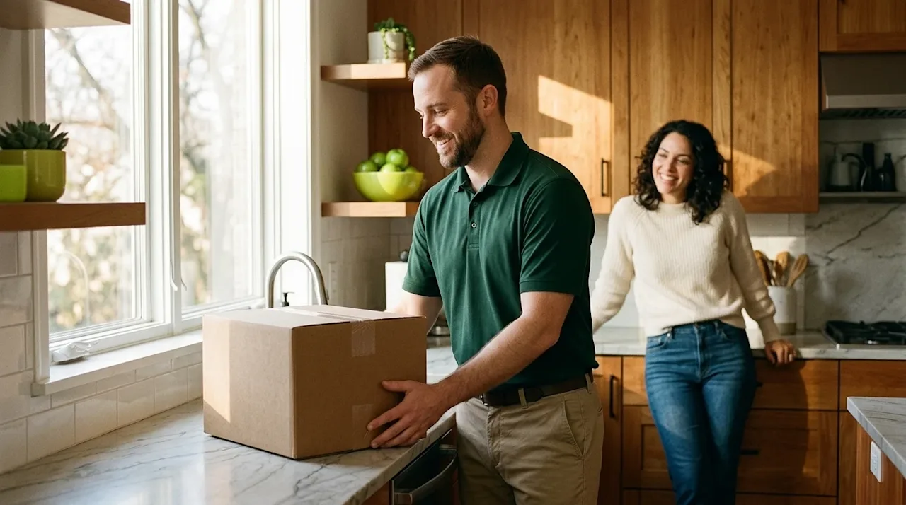 Candid lifestyle photography with a warm 35mm film aesthetic, capturing a stress-free moving day. A friendly, professional mo