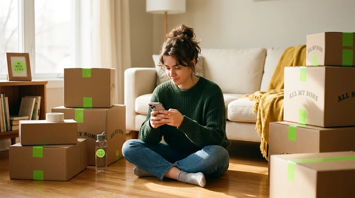 Candid lifestyle photography of a young adult sitting comfortably on a warm hardwood floor in a sunlit living room, surrounde