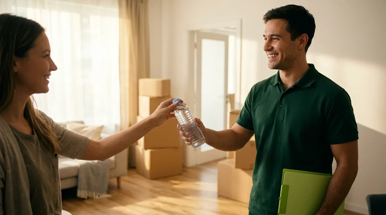 A candid, warm, high-quality lifestyle photograph showing a positive, friendly interaction between a homeowner and a professi