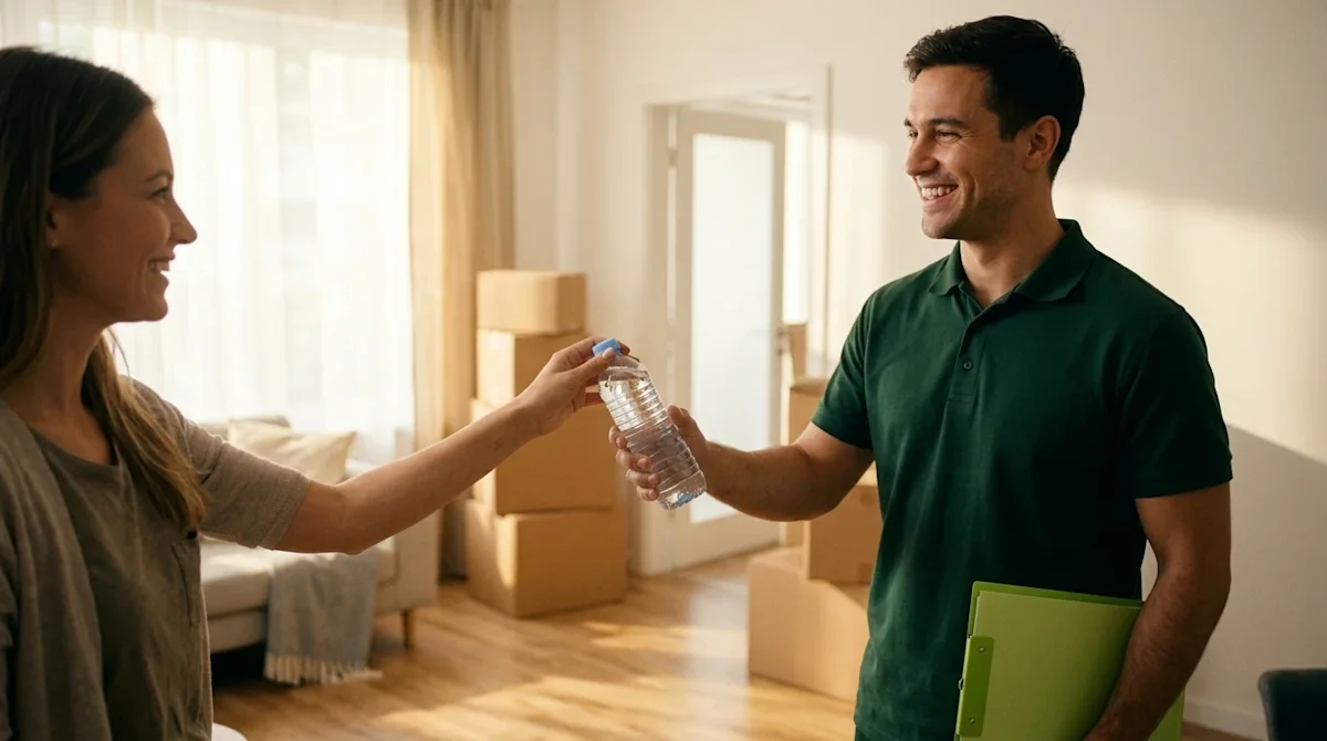 A candid, warm, high-quality lifestyle photograph showing a positive, friendly interaction between a homeowner and a professi