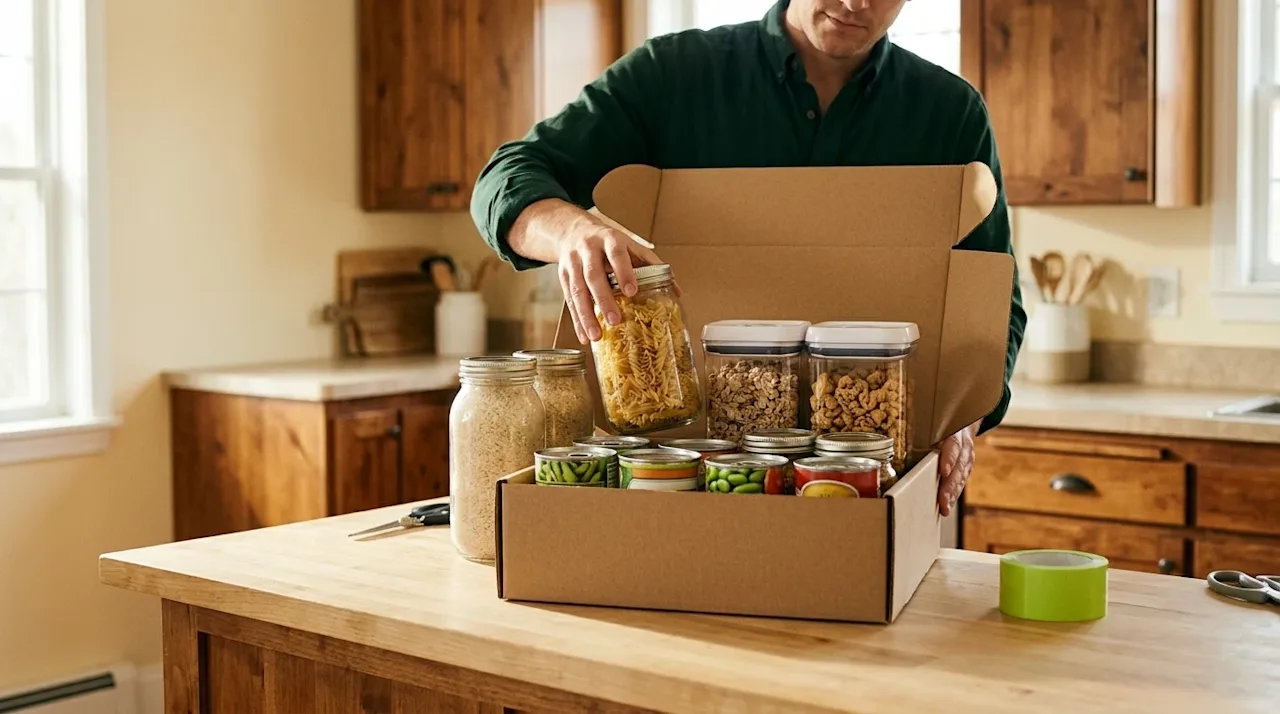 Professional marketing photography, a close-up lifestyle shot of a person carefully organizing and packing non-perishable foo