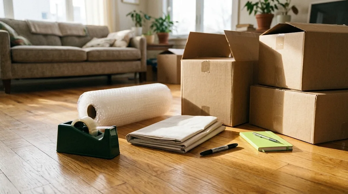 A lifestyle photograph of essential packing supplies neatly arranged on a warm oak wooden floor in a sunlit living room. The