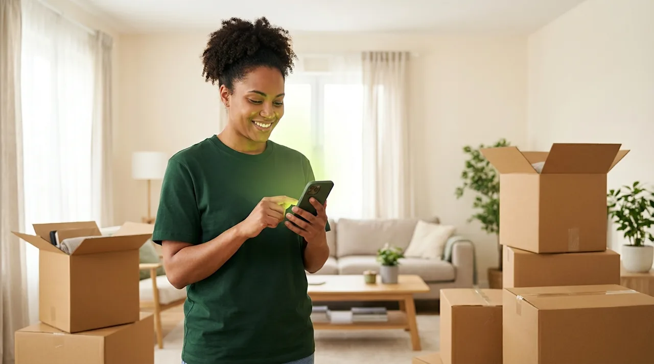 Woman in green shirt organizing home move using smartphone app amidst cardboard boxes