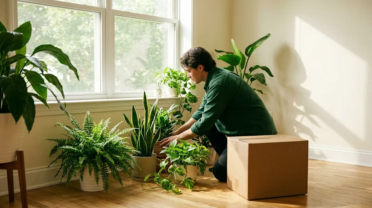 Authentic lifestyle photography of a bright, sunlit living room being organized after a recent move, focusing on creating an