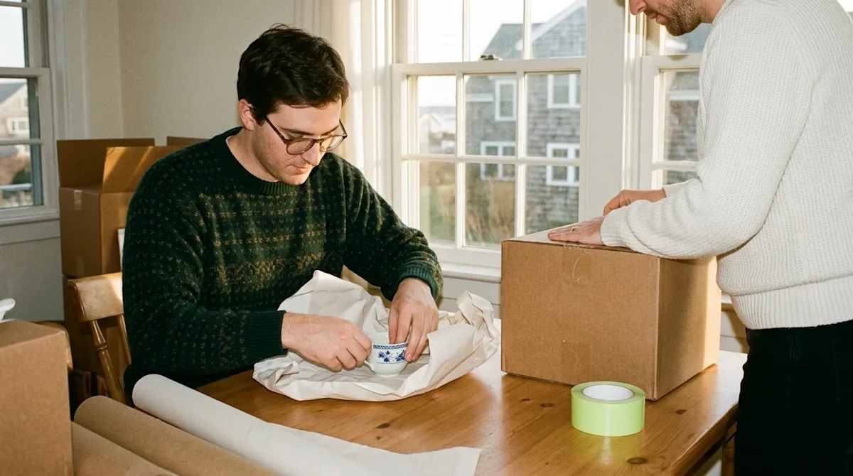 A candid, warm lifestyle photograph shot on 35mm film, showing a couple safely packing belongings in a classic New England ho