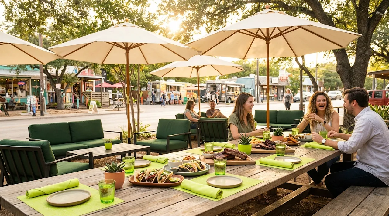 Friends enjoying Texas BBQ and tacos at a trendy outdoor patio in South Austin with green accents.