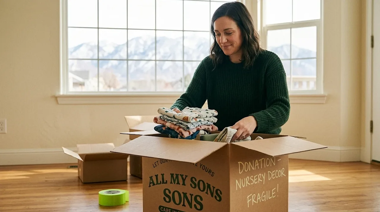 A candid, authentic photograph of someone gently placing folded clothes and household items into a sturdy brown cardboard mov