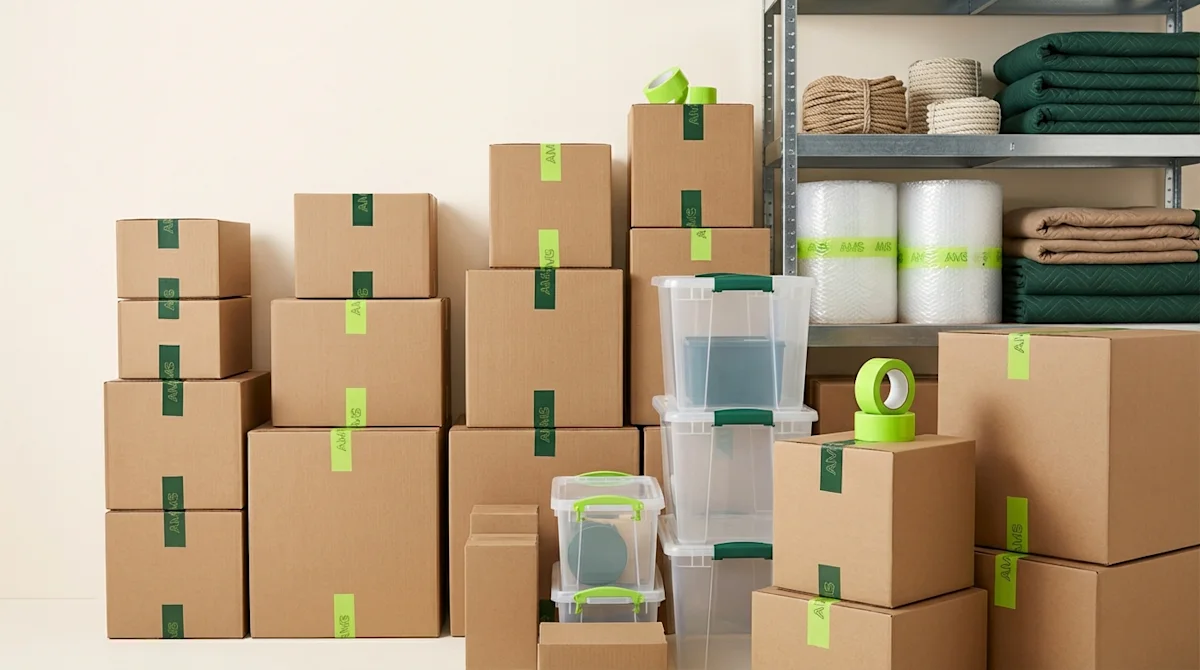 Organized moving boxes and packing supplies with lime green tape accents in a professional storage scene.