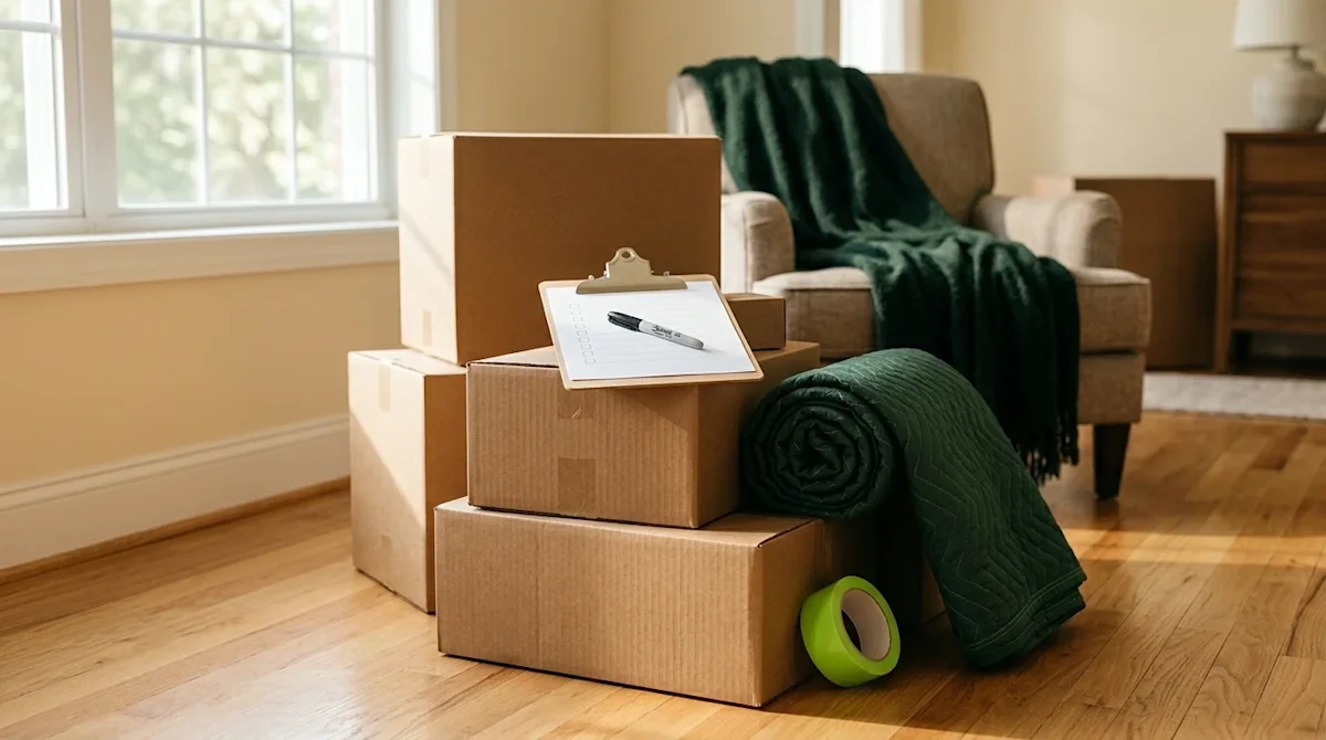 Editorial lifestyle photography of a warm, inviting home interior prepared for a move. In the center, a perfectly organized s