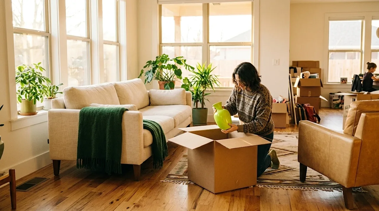 A candid, warm lifestyle photograph of a brightly lit Texas home interior being freshly decorated after a move. The space fea