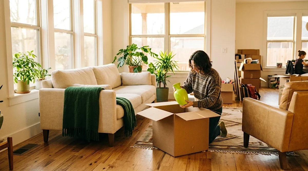A candid, warm lifestyle photograph of a brightly lit Texas home interior being freshly decorated after a move. The space fea