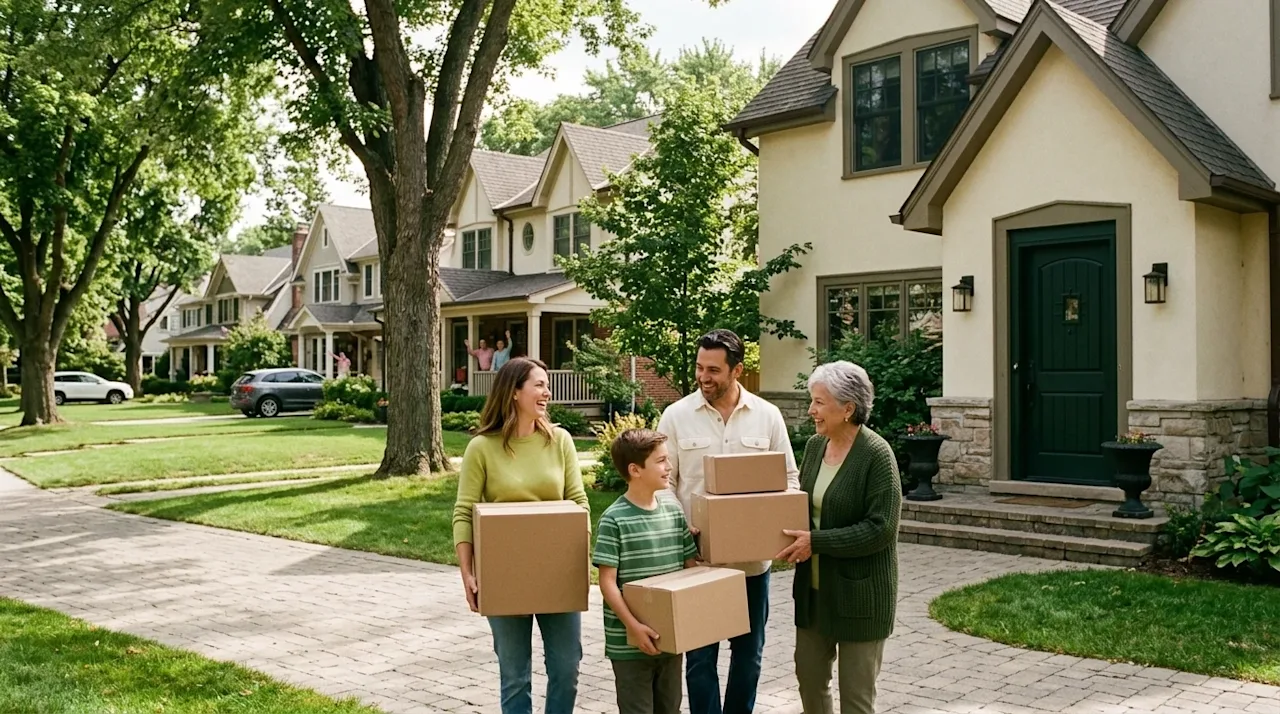 A high-quality, authentic photograph of a picturesque, idyllic residential neighborhood street on a sunny day, perfectly capt