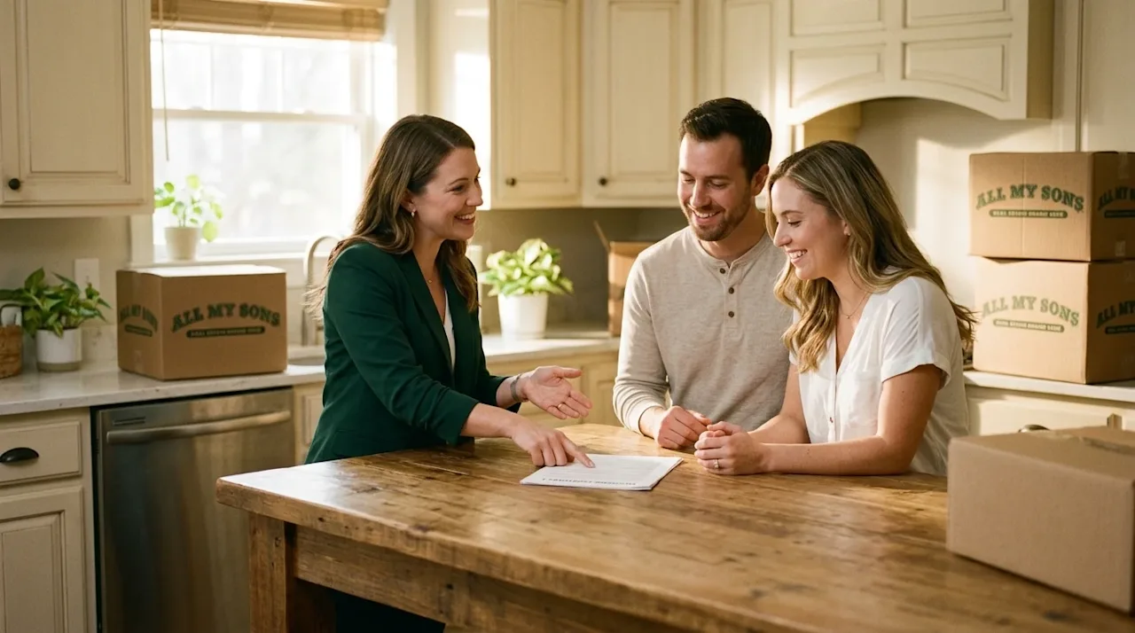 Candid lifestyle film photography of a friendly, professional real estate agent meeting with a smiling couple around a warm w