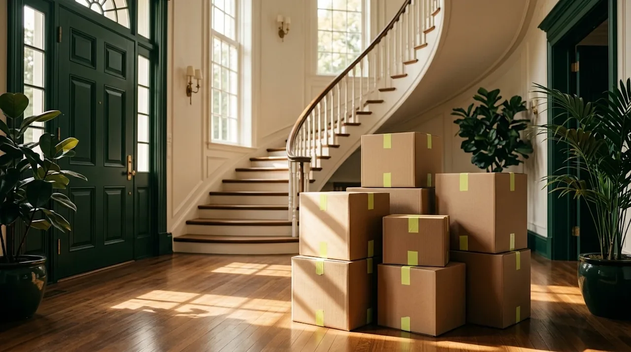 Cinematic editorial lifestyle photography of the grand foyer of a luxurious, newly sold American mansion. Warm natural sunlig