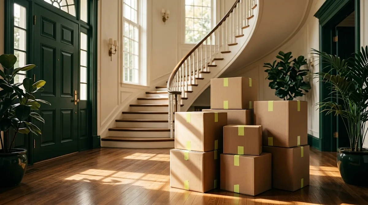 Cinematic editorial lifestyle photography of the grand foyer of a luxurious, newly sold American mansion. Warm natural sunlig
