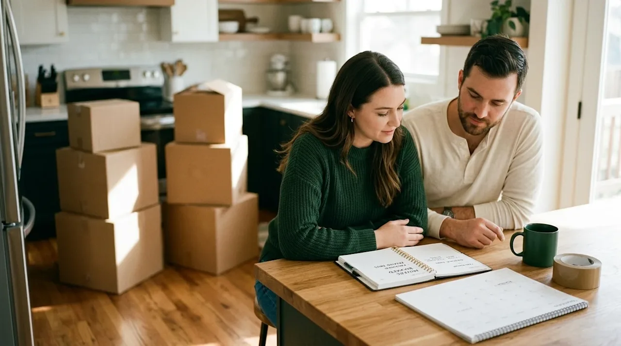 Candid lifestyle photography of a couple planning their moving timeline, sitting together at a warm wood kitchen island in a