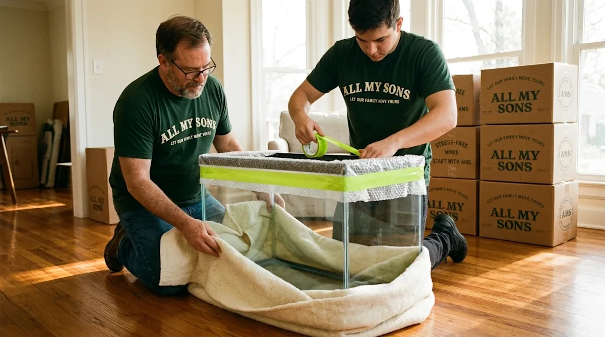 A high-quality, authentic candid photograph of two careful movers packing a large, empty glass aquarium in a warmly lit livin