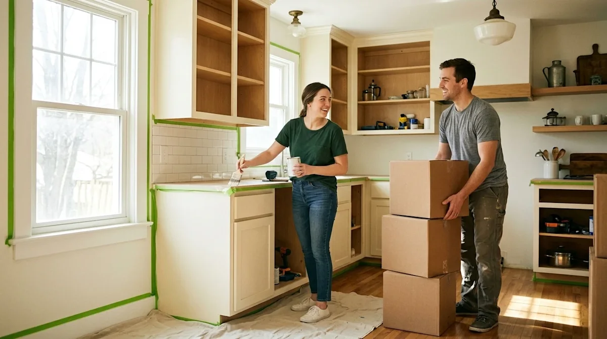 Authentic candid lifestyle photography of a smiling couple renovating a bright, welcoming kitchen to prepare their home for a