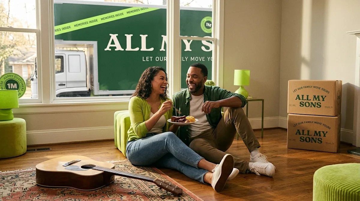 Professional marketing photography, a candid lifestyle shot of a happy couple taking a break from unpacking in their new Memp